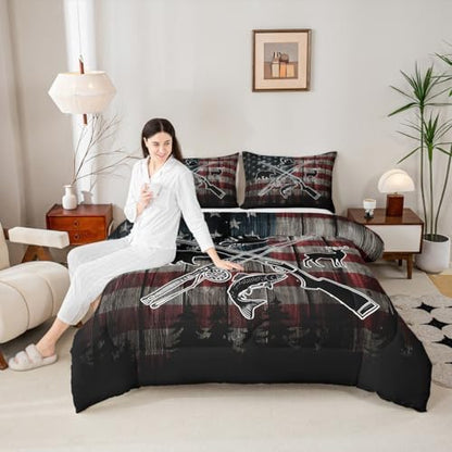 Homewish Retro American Flag Comforter Set King Size,Hunting and Fishing Bedding Set,Duck Deer Bear Bass Fish Wild Animals Theme Quilt Set for Kids Boys Men Teens Room Decor,Rustic Duvet Insert 3Pcs
