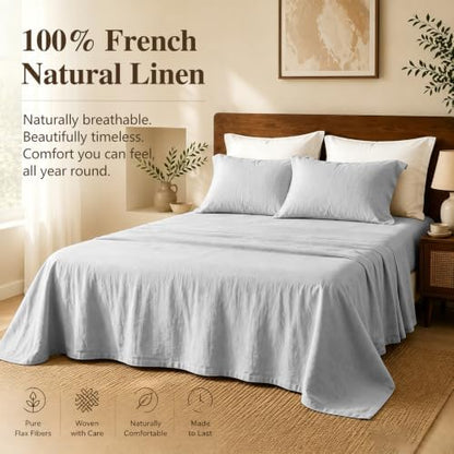 MEISHANG 100% French Linen Sheets Queen,4 Pcs,18-24" Extra Deep Pocket