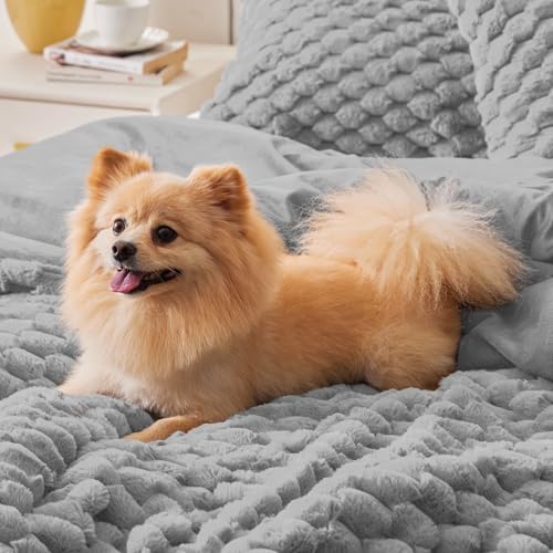 BEDELITE Fluffy Queen Comforter Set, Light Grey Fleece Bed Set 3 Pieces