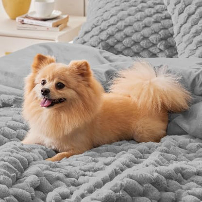 BEDELITE Fluffy Queen Comforter Set, Light Grey Fleece Bed Set 3 Pieces