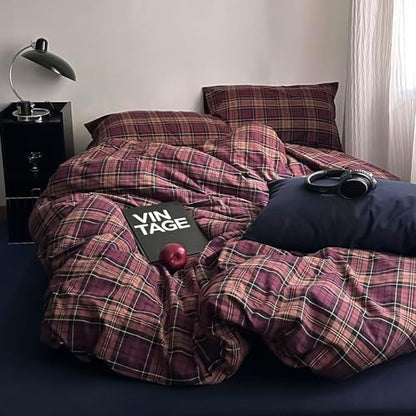 mixinni Vintage Buffalo Plaid Duvet Cover Set Full Size – 3 Piece Retro Aesthetic Washed Cotton Bedding Set with Grid Pattern, Soft & Breathable Burgundy Comforter Cover for All Seasons-Full Size
