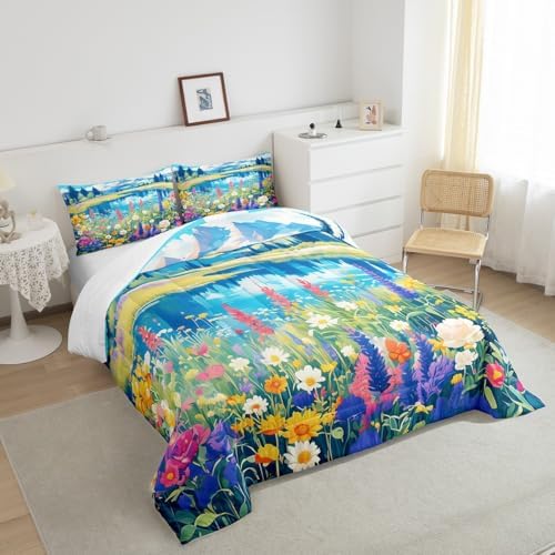 Spring Garden Comforter Set Twin Size,Blossom Flower Lake Mountain Bedding Set for Kids Girls Women Room Decor,Nature Scenery Quilt Set 2Pcs,Floral Botanical Microfiber Duvet Insert,1 Pillowcase