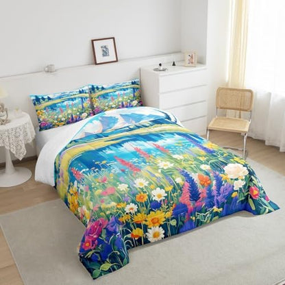 Spring Garden Comforter Set Twin Size,Blossom Flower Lake Mountain Bedding Set for Kids Girls Women Room Decor,Nature Scenery Quilt Set 2Pcs,Floral Botanical Microfiber Duvet Insert,1 Pillowcase