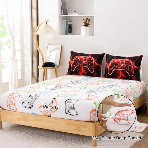 Meeting Story 5-Piece Boys Comforter Set Full Size Game Console Bedding Set for Kids Teen 3D Red Gamepad Gaming Bed in a Bag Matching Sheet Set(Red)