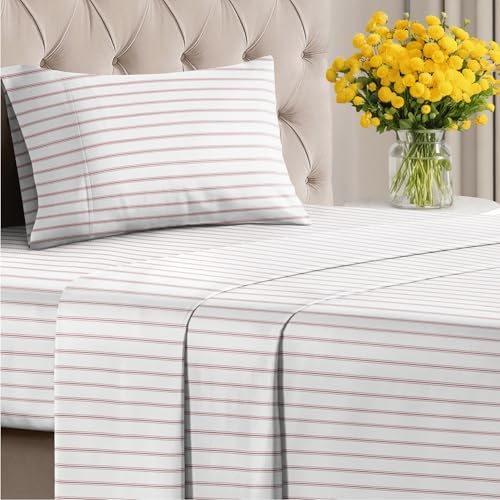 Twin 3 Piece Striped Sheet Set - Soft, Breathable & Cooling - Double Red