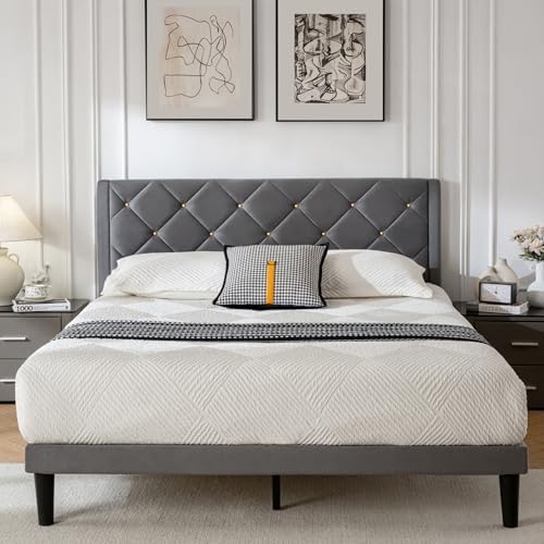 Queen Size Platform Bed Frame with Velvet Headboard