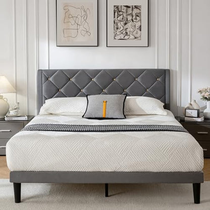 Queen Size Platform Bed Frame with Velvet Headboard