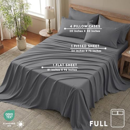 Full Size Bed Sheets - 6 Piece Soft Microfiber and Wrinkle Free Sheets - Easy Care, Extra Soft, Cooling Sheets - 1 Deep Pocket Fitted Sheet 1 Flat Sheet and 4 Pillowcases (Full Dark Grey)