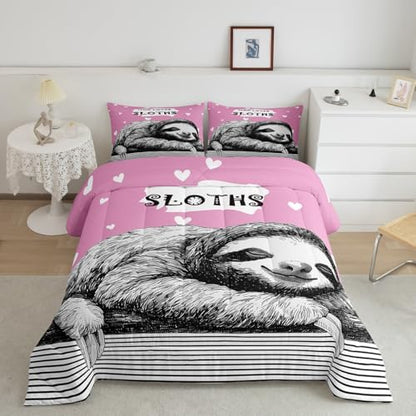 Homewish Teens Sloth Pattern Comforter Set Queen Size,Striped Heart Bedding Set for Kids Boys Girls Bedroom Decoration,Pink and Black Bed Duvet Insert,Cute Sloth Comforter with 2 Pillowcases