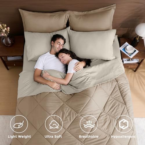 HEVUMYI 7-Piece California King Comforter Set, Khaki & Linen Bed in a Bag