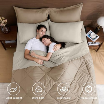 HEVUMYI 7-Piece California King Comforter Set, Khaki & Linen Bed in a Bag