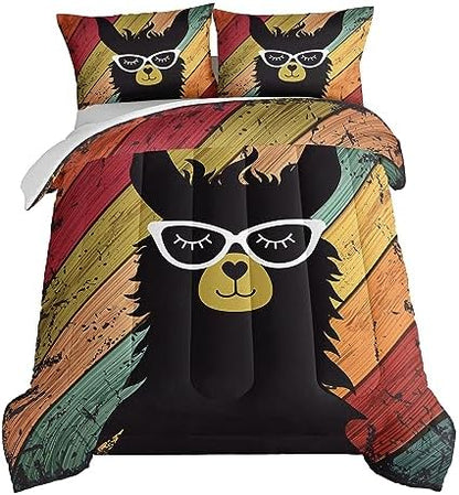 HOSIMA Llama Comforter with 2 Pillowcases Funny Room Decor,with Handsome Alpaca Pattern Vintage Colorful Wood Grain Bedding Set for Boys Girls Teens,Animal Bedding Queen Comforter Set.