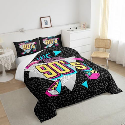 Manfei Memphis Comforter Set Queen Size, Retro 90s Fashion Style Quilt Set with 2 Pillowcases, Geometric Triangle Diamond Bedding Set 3pcs for Kids Boys Room Decor Lightweight Duvet Insert