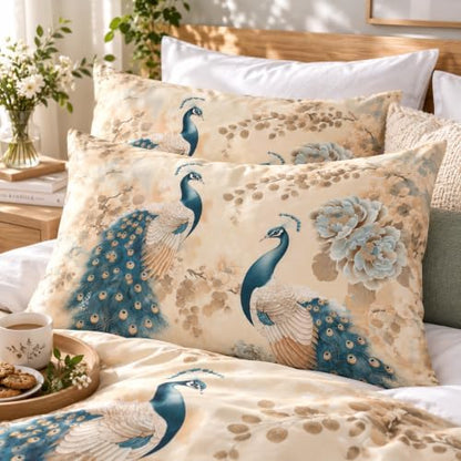CCoutueChen Peacock Comforter Set Full Size, Oriental Birds Floral Bedding Set, 3 Pieces Asian Bedroom Decor with 2 Pillowcases/79 * 90