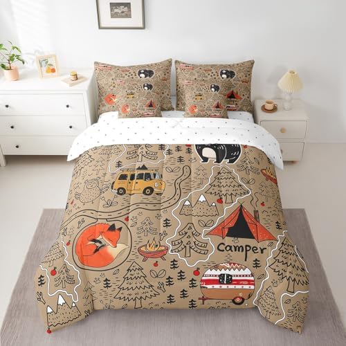 Erosebridal Kids RV Camping Full Bedding Set 7 Piece,Camper Bunk Comforter Set with Sheets for Travel Trailer Decor,Forest Themed Bear Fox Owl Bed Set with Fitted Sheet+Flat Sheet,Pillowcases