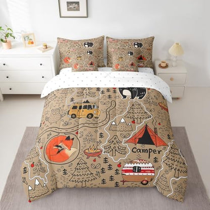 Erosebridal Kids RV Camping Full Bedding Set 7 Piece,Camper Bunk Comforter Set with Sheets for Travel Trailer Decor,Forest Themed Bear Fox Owl Bed Set with Fitted Sheet+Flat Sheet,Pillowcases