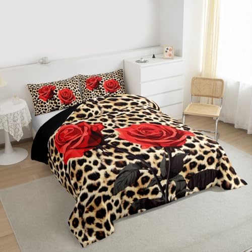 Erosebridal Rose Flower Comforter Set for Kids Girls Women, Leopard Print Down Comforter King Size, 3D Red Floral Petal Bedding Set Cheetah Animal Skin Quilted Duvet for Bedroom Decor, Brown