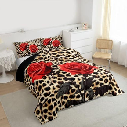 Erosebridal Rose Flower Comforter Set for Kids Girls Women, Leopard Print Down Comforter King Size, 3D Red Floral Petal Bedding Set Cheetah Animal Skin Quilted Duvet for Bedroom Decor, Brown