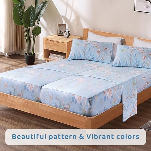 QSH 100% Cotton Floral Sheets for Split King Size Bed, Blue Flowers Plant Pattern Botanical Luxury Cotton Printed Floral Bedding Split King Sheet with Deep Pockets 17" Soft and Breathable 5pcs