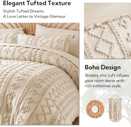 MR&HM Twin XL Comforter Set 5 Pieces Beige, Boho Tufted Bed Set for Dorm