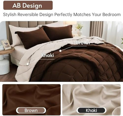 MUXHOMO 7 Pieces Queen Comforter Set, Reversible Bed in a Bag Queen Size, All Season Bedding Set with Comforter, Flat Sheet, Fitted Sheet, Pillowcases & Shams, Brown & Khaki
