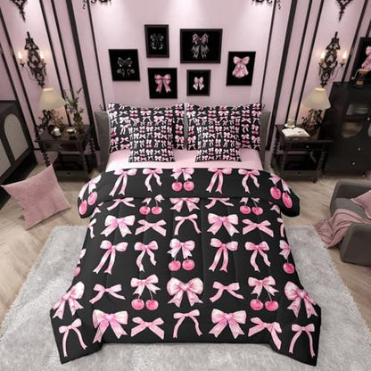 Pink Cherry Bow Comforter Set 7 Piece Bed in a Bag Twin, Cute Silk Ribbon Bowknot Bedding Sets Princess Bow Tie Comforter and Sheet Set, Dreamy Kawaii Room Decor,Girly Hot Pink and Black Room Decor