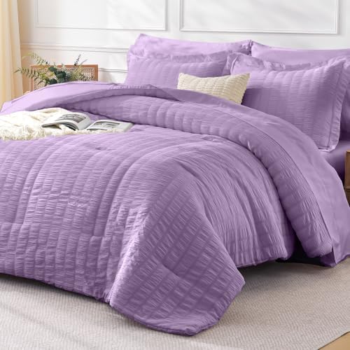 FreshCulture Comforter Set Seersucker 7 Pieces, All Season Bedding Set California King, Bed in a Bag Set with 1 Comforter, 1 Flat Sheet, 1 Fitted Sheet, 2 Pillowcases and 2 Pillow Shams, Purple
