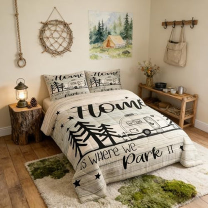 RV Happy Camping Bedding Comforters Queen Size,Home is Where We Park It Comforter Set Adult Women Room Decor, Farmhouse Camping Lovers Soft Duvet Set with 2 Pillowcases,3Pcs