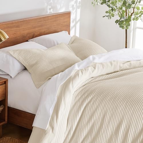 Levtex Home Cloud Waffle Full/Queen Comforter Set (90x94in) with 2 Pillow Shams (26x20in) - Solid Waffle Cotton Texture - Undyed Cream - Cotton Full/Queen Size Comforter Set - Soft, Pre-Washed