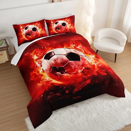 Red Soccer Bedding Comforter Set Full Size with 2 Pillowcases.