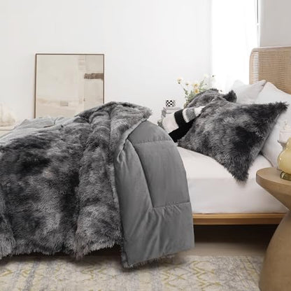 Smoofy Fluffy Full Size Comforter Set Tie-dye Grey Faux Fur Comforter 3Pcs
