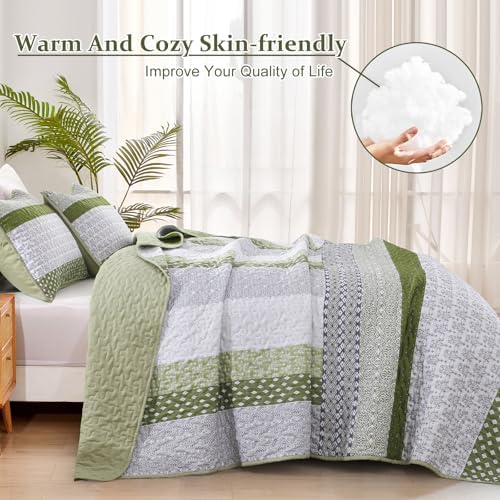 WONGS BEDDING Quilt Queen Size Olive Green, Bohemian Stripe Bedspread