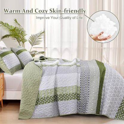 WONGS BEDDING Quilt Queen Size Olive Green, Bohemian Stripe Bedspread