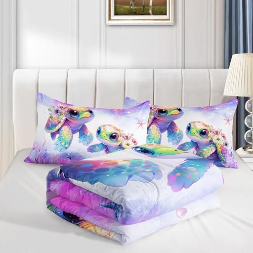 Kids Comforter Set Turtle Bedding Twin Size with 2 Pillowcases.