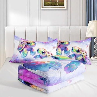 Kids Comforter Set Turtle Bedding Twin Size with 2 Pillowcases.