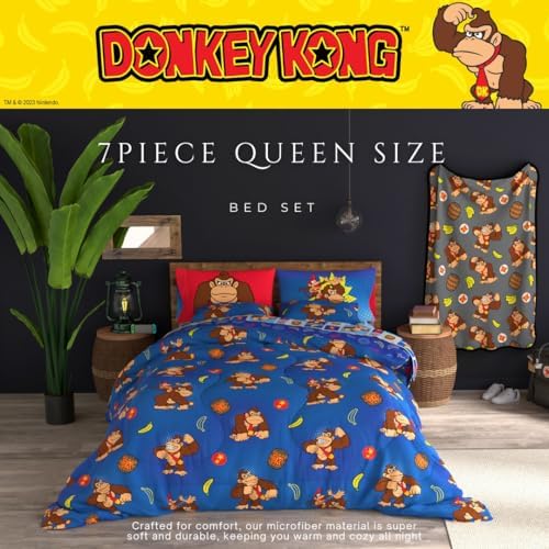 Franco Nintendo Donkey Kong Gaming Bedding 7 Piece Super Soft Reversible Comforter and Sheet Set with Sham, Queen, (Officially Licensed Product)