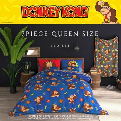 Franco Nintendo Donkey Kong Gaming Bedding 7 Piece Super Soft Reversible Comforter and Sheet Set with Sham, Queen, (Officially Licensed Product)