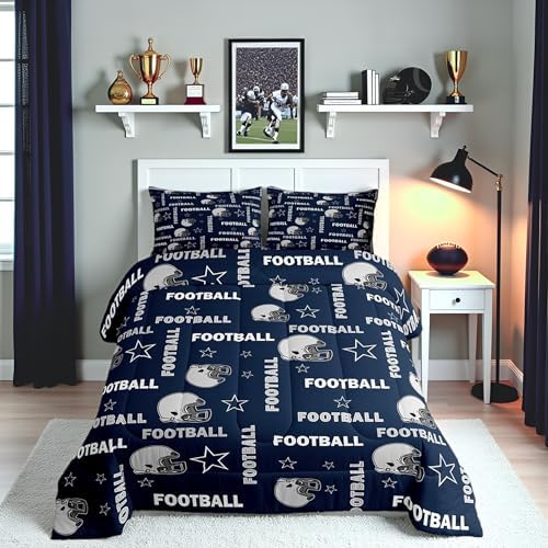 Boys American Football Comforter Set Queen Size,Navy Blue Football Stars Printed Bedding Set 3Pcs with 2 Pillowcases,Modern Style Down Comforter Kids Teens Decor Cozy Soft Quilt,Bed in a Bag