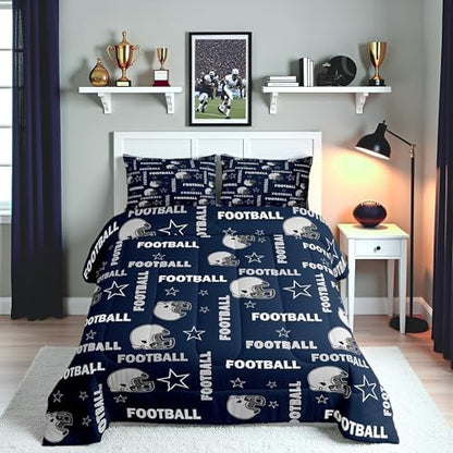 Boys American Football Comforter Set Queen Size,Navy Blue Football Stars Printed Bedding Set 3Pcs with 2 Pillowcases,Modern Style Down Comforter Kids Teens Decor Cozy Soft Quilt,Bed in a Bag