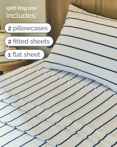 Split King 5 Piece Striped Sheet Set - Breathable & Cooling - Navy Stripe