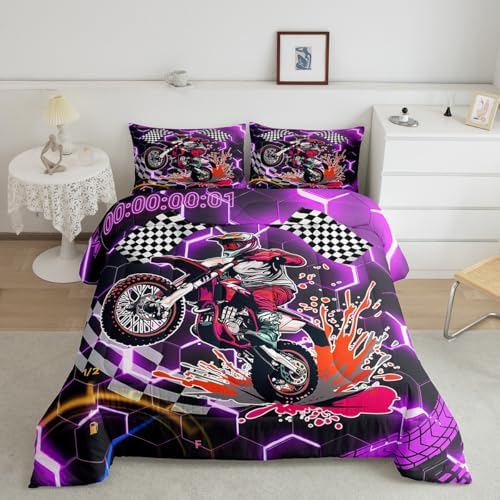 Erosebridal Racing Motorcycle Twin Comforter Set for Boys,Purple Neon Lights Honeycomb Bedding Set Dirt Bike Motocross Quilt Moto Extreme Sports Duvet Insert,Black White Lattice Buffalo Plaid Decor