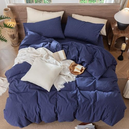 MooMee Striped Duvet Cover Set 100% Washed Cotton Linen Like King