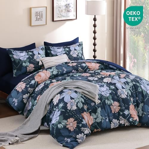 Luxudecor Floral Comforter Set-7 Pieces Bed in a Bag King,Colorful Flowers Print on Dark Blue Bedding Set,Soft Microfiber Comforter with Sheets for All Seasons (Dark Blue,104"x90")