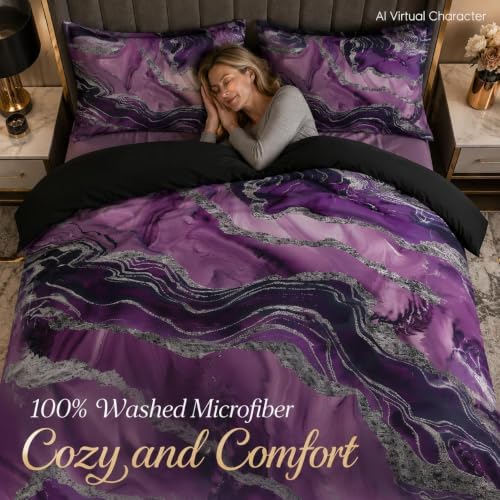CCoutueChen Black Purple Bedding Twin Size Marble Print Comforter Set