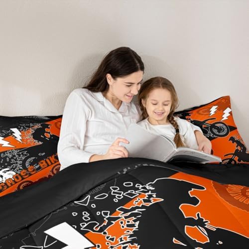 Erosebridal Boys Dirt Bike Full Size Comforter Set Dirtbike Bedding Set Motocross Bedroom Decor for Boys Kids Men Adult,Rider Motorcycle Bed Set Cool Extreme Sports Bedding Sets 3Pcs,Orange Black