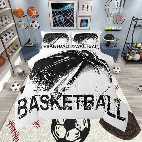 Basketball Comforter Set for Teens Sports Gaming Bedding Set Black White Graffiti Bedding Home Decor for Kids Comforter Twin Size 2 Pcs Watercolor Quilted Duvet Set 1 Comforter with 1 Pillowcase