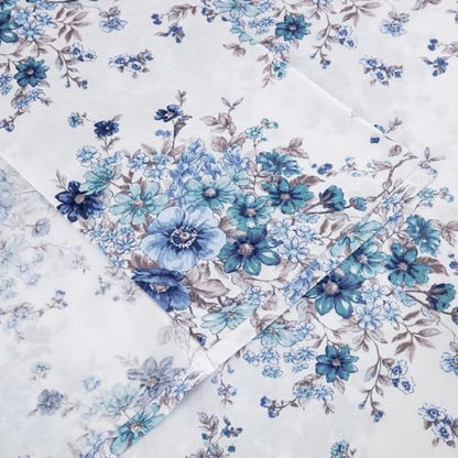 DAUAOTO California King Cotton Sheets Set Printed Bedding Sets, Floral Pattern Bedlinen for Cal King Mattress Up to 14" Deep, French Blue