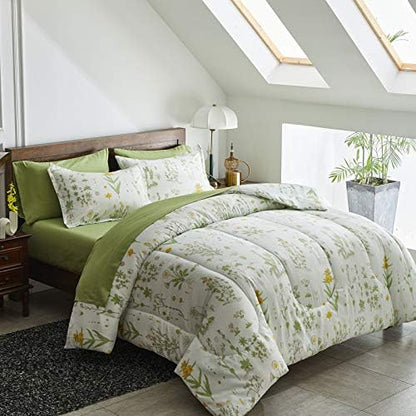 Joyreap 6 Piece Bed in a Bag Twin, Green Leaves Yellow Flower Botanical Design, Smooth Soft Microfiber Comforter Set (1 Comforter, 2 Pillow Shams, 1 Flat Sheet, 1 Fitted Sheet, 1 Pillowcase)