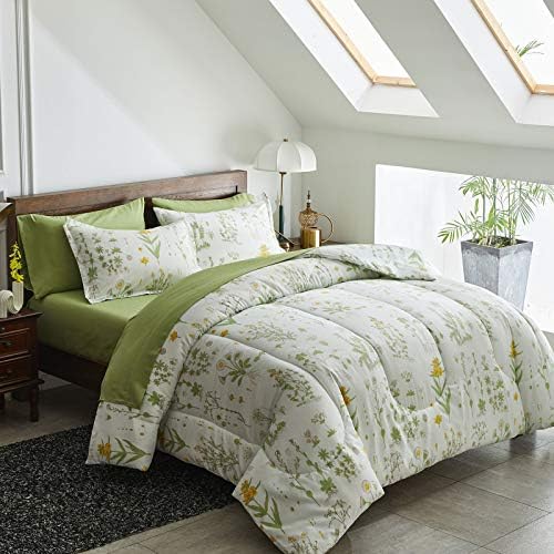 Joyreap 7 Piece Bed in a Bag King, Green Leaves Yellow Flower Botanical Design, Smooth Soft Microfiber Comforter Set (1 Comforter, 2 Pillow Shams, 1 Flat Sheet, 1 Fitted Sheet, 2 Pillowcases)