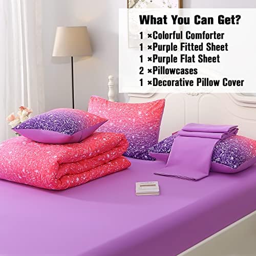 JQinHome Full Size Pink Purple Comforter Set, 6 Piece Bed in A Bag 3D Colorful Bedding Set for Girls Women(1 Comforter,2 Pillowcases,1 Flat Sheet,1 Fitted Sheet,1 Cushion Cover)